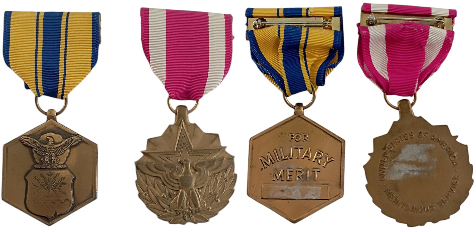 Air Force (USAF) Military Merit and Meritorious Service Medal, Lot of 2: Breast Badges, 45 and 50 mm,, Bronze, original suspension rings and ribbons. I (2)