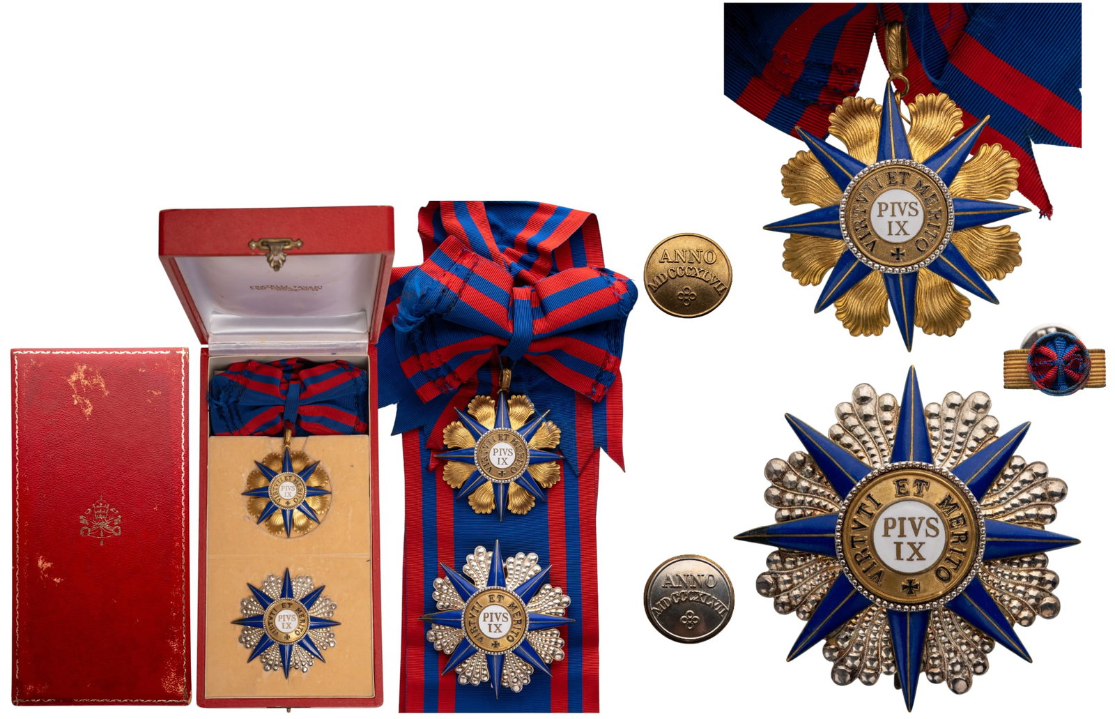 ORDER OF PIUS IX: Grand Cross Set, 1st Class, instituted in 1920. Sash Badge, 70 mm, gilt Silver, one side enameled, original suspension ring, loop and sash. Breast Star, 82 mm, Silver, superimposed parts gilt Silver, 