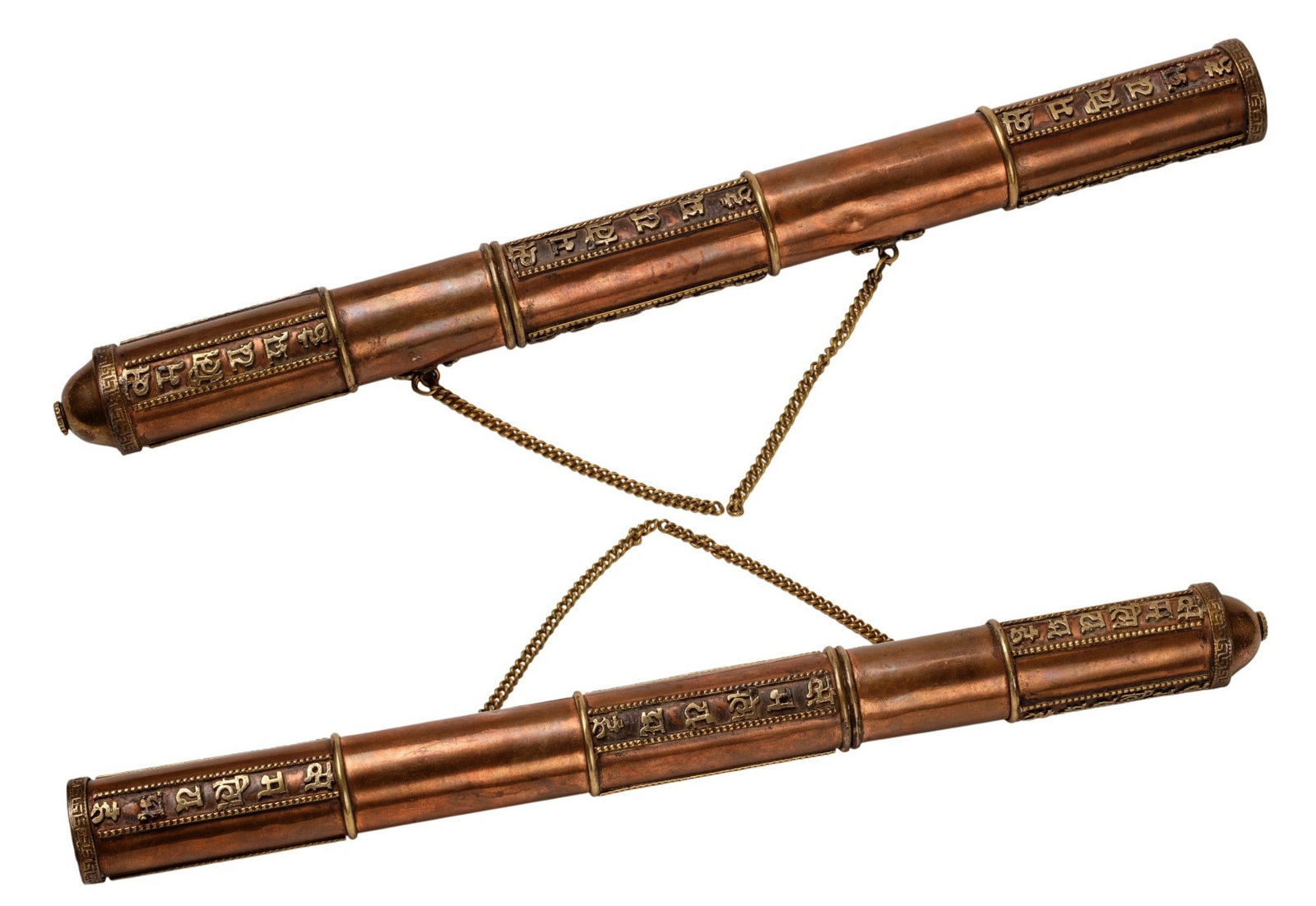 Traditional Tibetan flag: Traditional Tibetan flag tube in polished copper, enhanced with Brahmic motifs and writings in relief on three sections. The two parts are joined by a chain, a ruby-colored bead at the end on the
