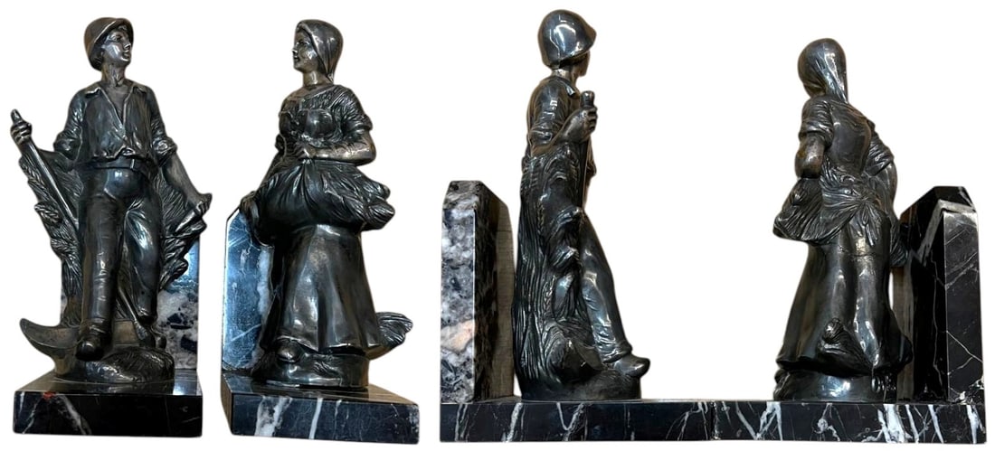 Set of Two Bronze Statues Representing Scenes from the Field: Set of two silvered Cast Bronze Statues: 1. Representing a boy working in the field with holding scyte in right hand and scharpening file in left hand, bunch of wheat behind, standing on L shaped
