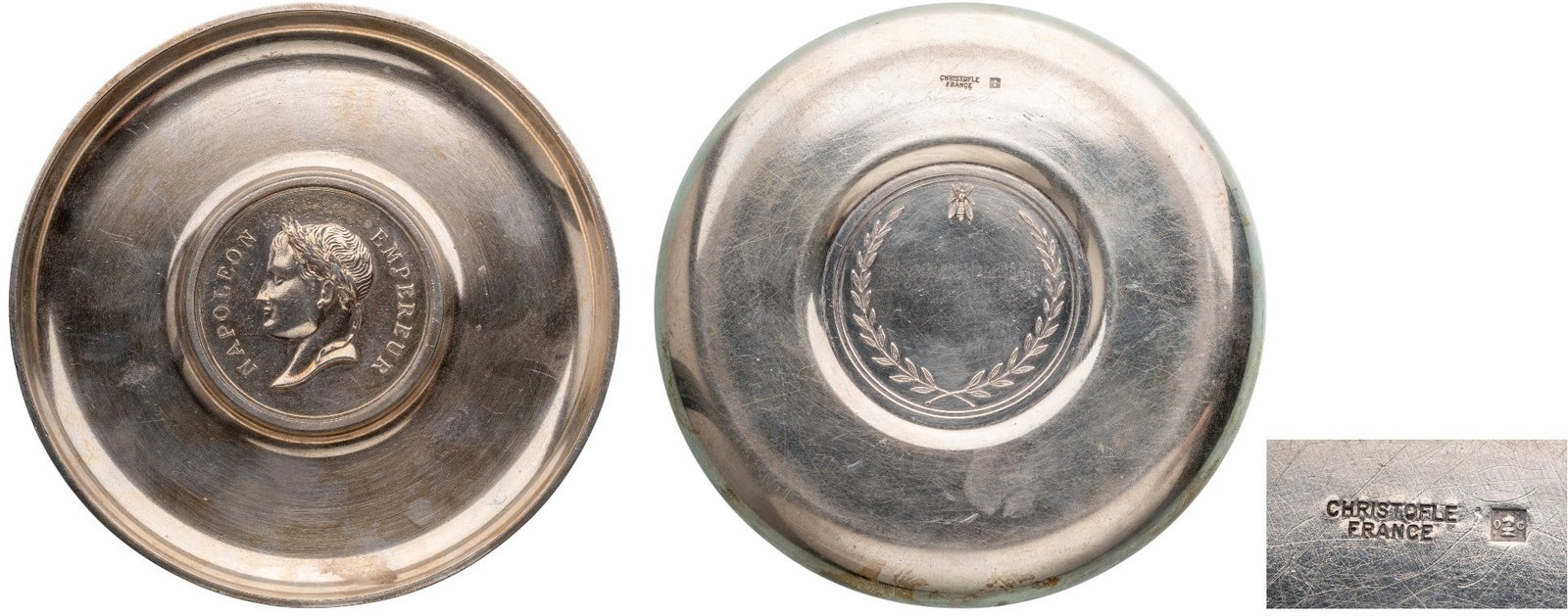Napoleon Ashtree by Christofle: Silvered ashtree by Christofle, with Imperial portrait in the center. Diam.: 119 mm. Perfect condition and very attractive!