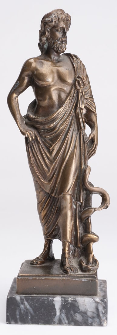 Bronze statuette: Clear patina, representing a character in toga and caduceus, probably Hippocrates father of medicine. Marble base, height 24 cm overall. Signature engraved on the back (unreadable). Good condition