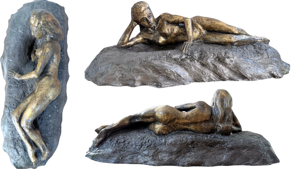Monolithic Bronze Sculpture Depicting a Nude Woman: Monolithic bronze sculpture with a greenish patina, depicting a nude woman lying on her side, resting on one elbow, in an erotic pose. 20th-century folk art. Dimensions: 31 x 10 x 6 cm. Good overall