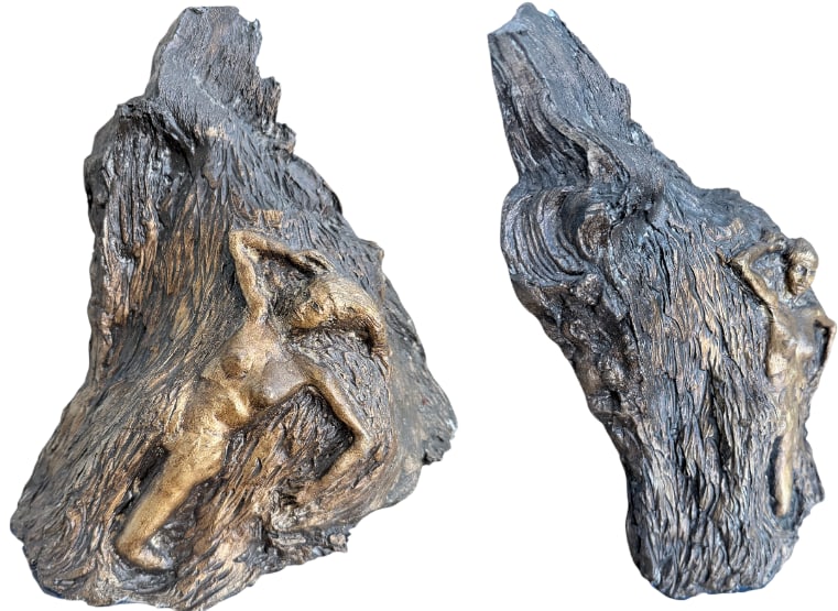 Single-Piece Erotic Bronze Sculpture depicting a Nude Female: A single-piece sculpture in bronze depicting a reclining female nude in an erotic pose, the striated background perhaps simulating a body of water. A piece of 20th-century folk art. Dimensions 26 x