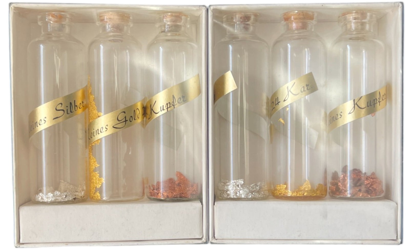 Two sets of Gold, Silver and Copper Flakes in Glass Jars: 70 mm. In original packing