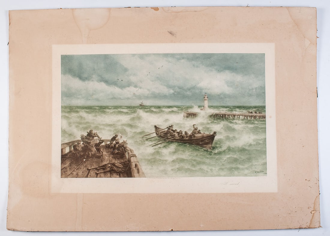 Large color engraving: Large color engraving by T.H Weber, engraved by R. Raulussen, about the "return of fishing". Printed in Wien in 1903, size 71 x 42.5 cm in view, formerly fixed on cardboard. Fresh, minor wear on the s