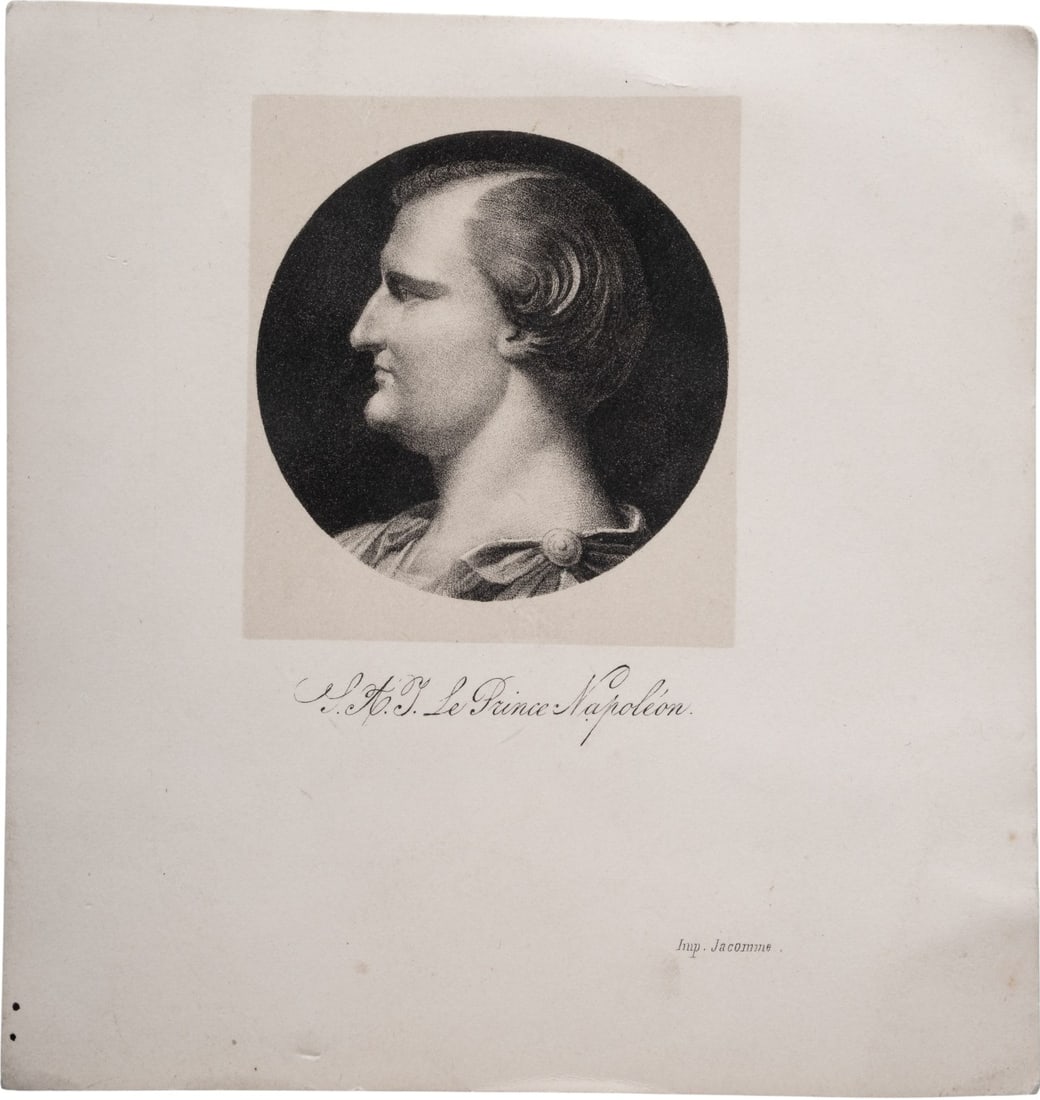 His Imperial Highness Prince Napoleon, Engraving: Small black and white engraving by Jacomme, second half of 19th century. Printed in Paris, size 132 x 127 mm. Fresh, extremely fine condition.
