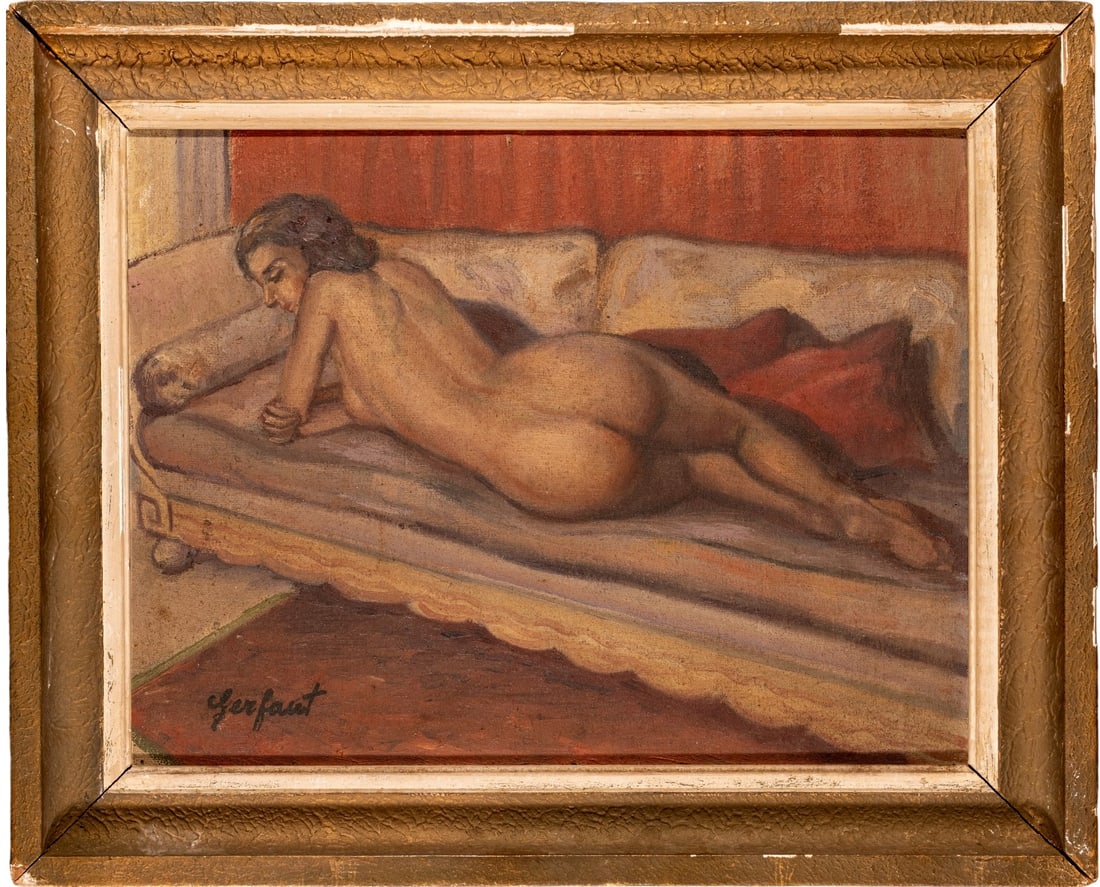 Gerfaux (Lucien?) Oil on Canvas: Gerfaux (Lucien ?) oil on canvas and original frame depicting a young nude woman, three-quarters back view, lying on an ottoman sofa. Subtle colorist work inspired by Fauvism from the 1930s, a so-call