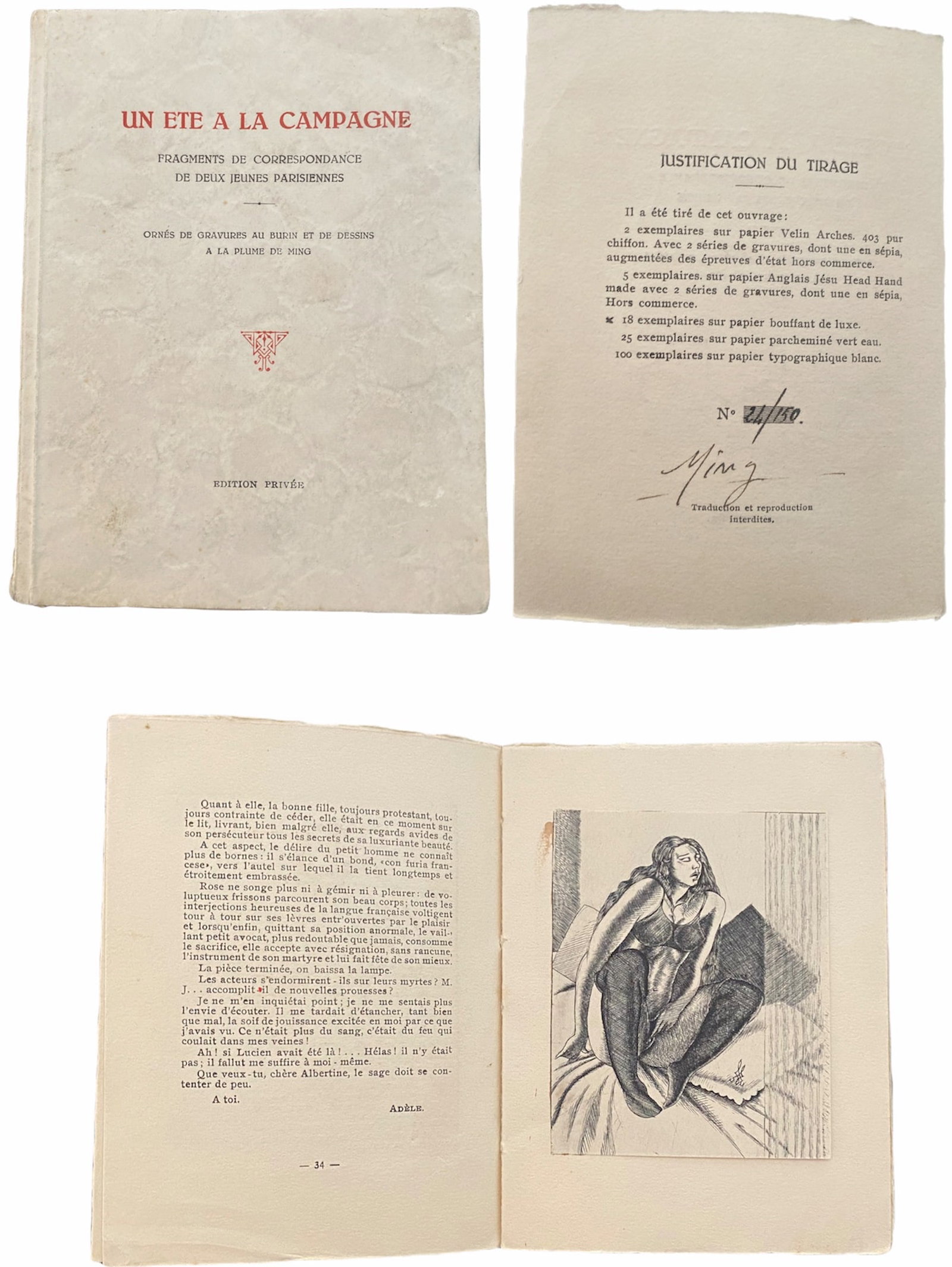 DROZ (Gustave, attributed to) - A SUMMER IN THE COUNTRYSIDE: Very rare: DROZ (Gustave, attributed to) - A SUMMER IN THE COUNTRYSIDE, fragments of correspondence from two young Parisians, decorated with B&W chisel engravings and Ming's pen drawings - Private