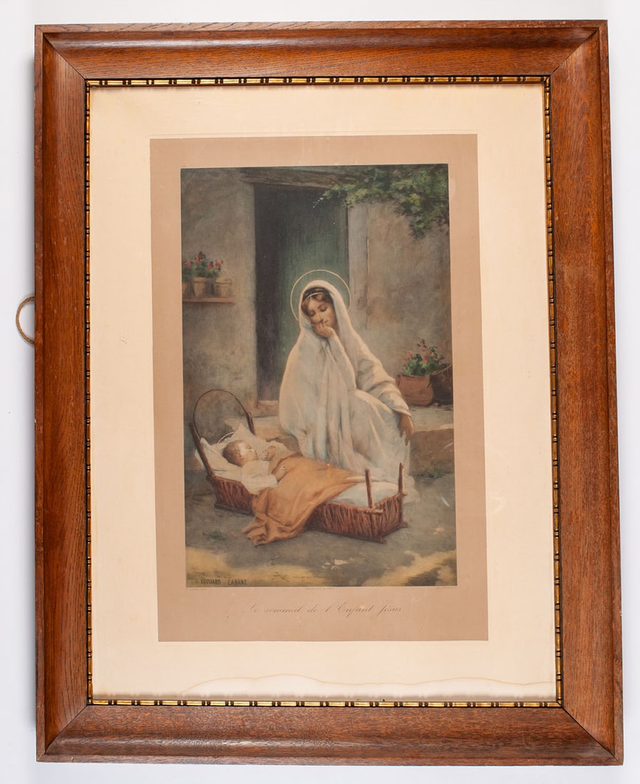 Large color engraving: By Edouard Cabane , engraved by Hel. Braun & Cie - The sleep of the child Jesus, copyright 1907 by Cabane, large color engraving 63 x 41 cm in view. Beautiful condition of freshness (wetness on the fr