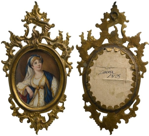 MINIATURE PORTRAIT OF GIUSEPPINA GRASSINI IN THE ROLE OF “ZAIRA: Painted after the famous, larger portrait of the famous Italian singer, by E. Viget Lebrun (where the velvet robe is red); 180x99 mm., the cardboard fixed to the reverse, bears an old, handwritten lab
