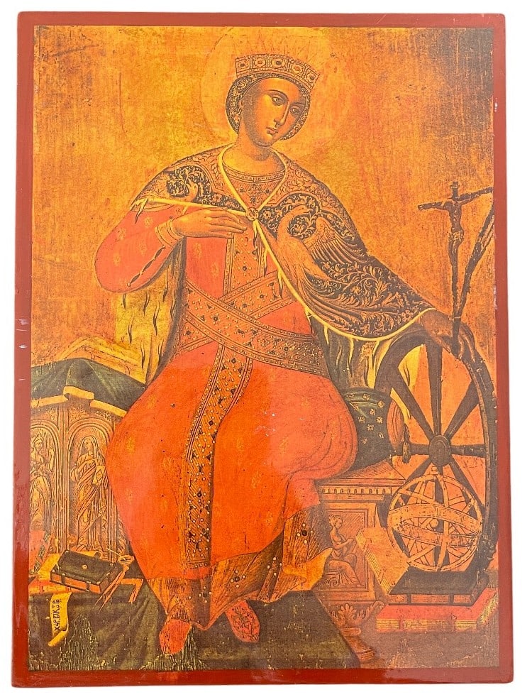 Icon of Catherine of Alexandria (Monastery of Sinai in Egypt): Icon of Catherine of Alexandria (monastery of Sinai in Egypt) after the model of Victor the Cretan (Cretan school of the 17th century), reproduction on panel about the saint seated full-length surroun