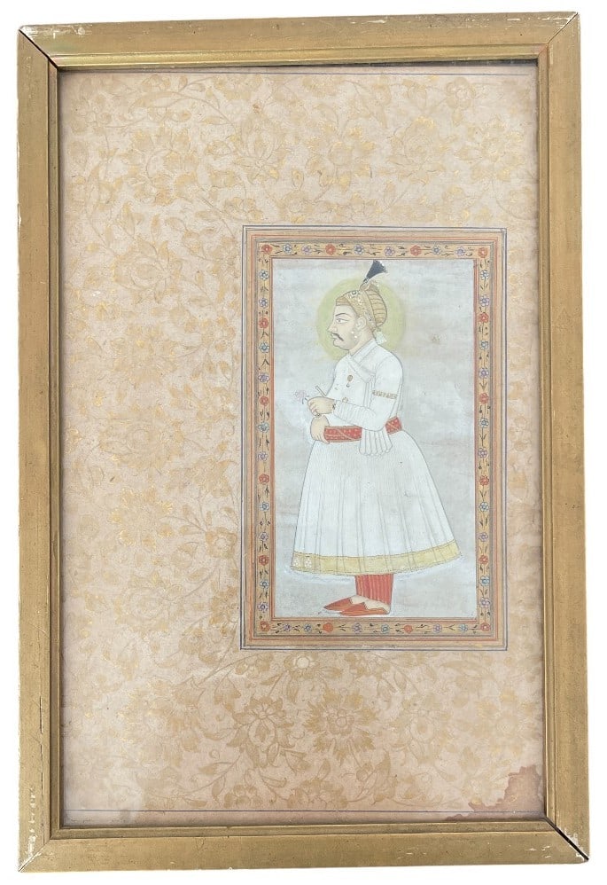Watercolor on paper depicting a General of the Indian troops: Watercolor on fine paper depicting a general of the Indian troops "during the time of the English" in a traditional kurta, standing in profile, displaying his attributes: saber, katar on his belt, and