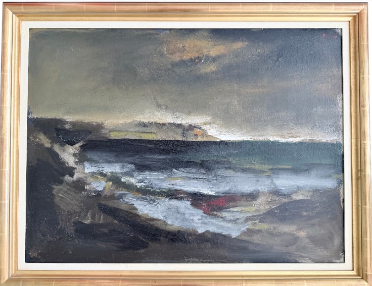 Mircea Ciobanu (1950-1991): Oil on canvas depicting a seascape seen from the coast, applied with a palette knife in a Cubist style, rich in texture, with a vibrant and tumultuous palette. Signed in red in the upper right corner.