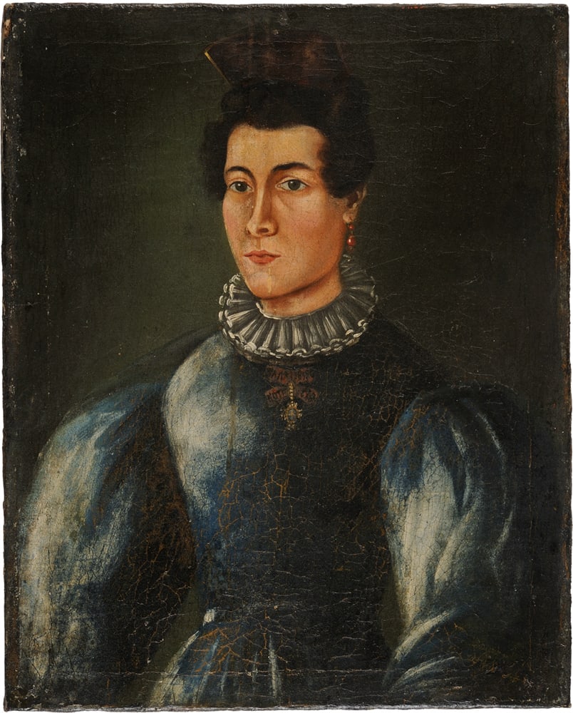 Oil on canvas depicting a Lady in a blue dress wearing the St. Catherine the Great Martyr order: 18th Century, Russian School dimensions 41.5x33.5 cm The Saint Catherine the Great Martyr order was created by Peter the Great in November 1714 was awarded only to women. This lady wears the lesser cr