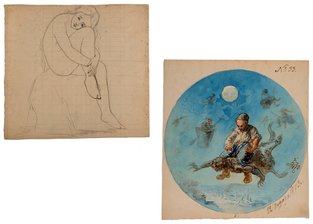 Watercolor on paper: Circular view representing "Farmer riding on the devil in the sky", subject of a popular tale, monogram "E" of Nikolai Ludwigowitch Ellert on January 12th, 1873. The famous composer Tchaikovsky create