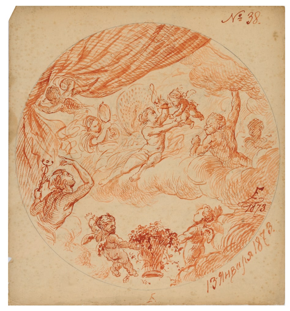 A blood rose watercolor on paper: Circular view representing a project for ceiling decoration "Characters in clouds", monogram "E" of Nikolai Ludwigovich Ellert in January 13th, 1873. The famous composer Tchaikovsky created in Moscow 