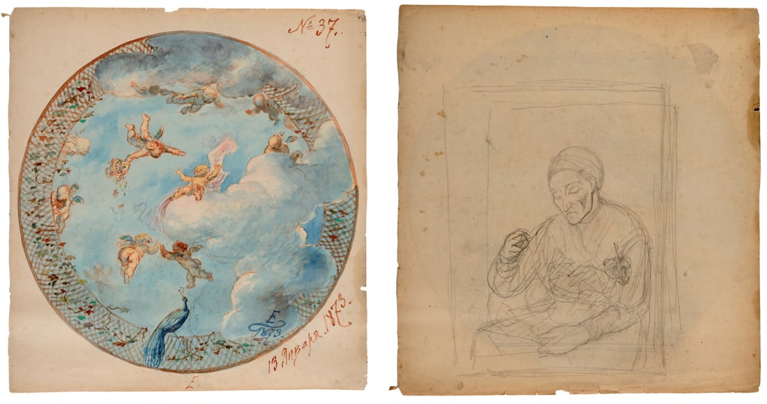 Watercolor on paper: Circular view representing a project for ceiling decoration "Angels in clouds" and a pencil sketch on the back, monogram "E" of Nikolai Ludwigowitch Ellert on January 13th, 1873. The famous composer T