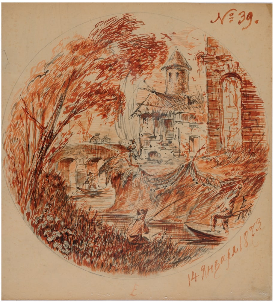 Blood rose watercolor on paper: Circular view representing a "Town, canal and characters" and a pencil sketch with characters on the back, subject of a popular tale, monogram "E" of Nikolai Ludwigovich Ellert in January 13th, 1873. 