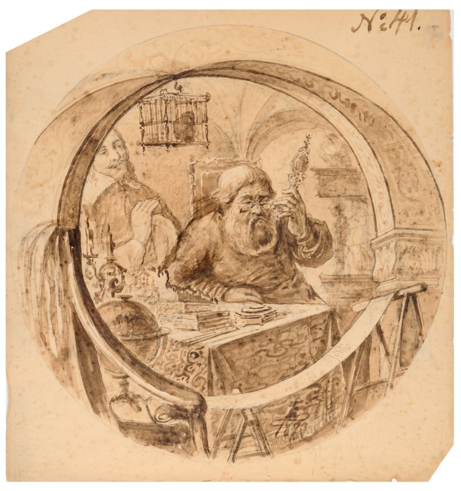 Black watercolor on paper: Circular view representing an "Usurer", subject of a popular tale, monogram "E" of Nikolai Ludwigovich Ellert in January 13th, 1873. The famous composer Tchaikovsky created in Moscow (supervisor Nicol