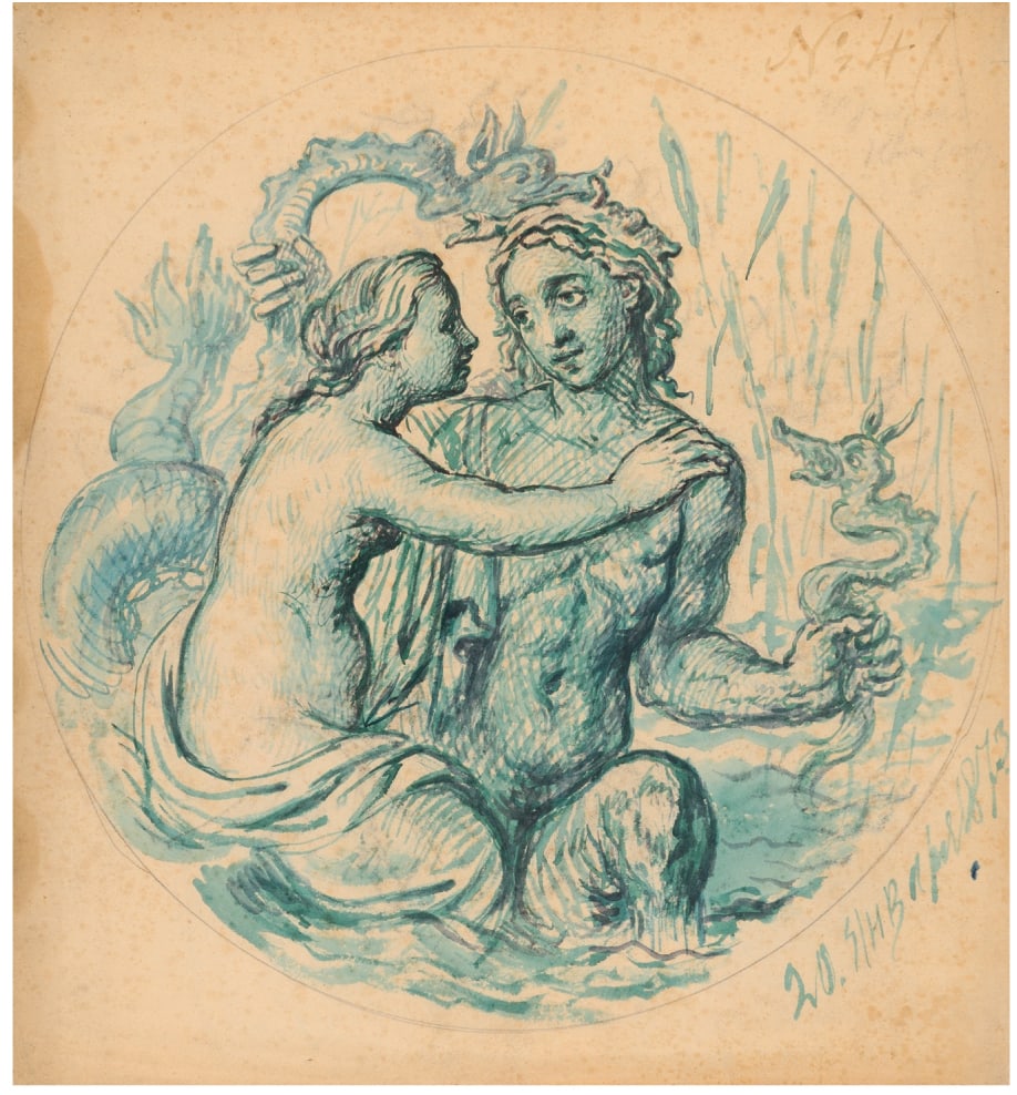 Watercolor on paper: Circular view representing a "Fantastic nautical scene", subject of a popular tale, monogram "E" of Nikolai Ludwigovich Ellert in January 13th, 1873. The famous composer Tchaikovsky created in Moscow 