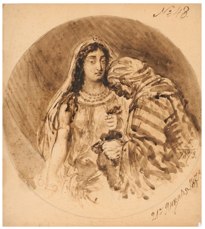 Black watercolor on paper: Circular view representing "Characters and an animal head", subject of a popular tale, monogram "E" of Nikolai Ludwigovich Ellert in January 13th, 1873. The famous composer Tchaikovsky created in Mosc