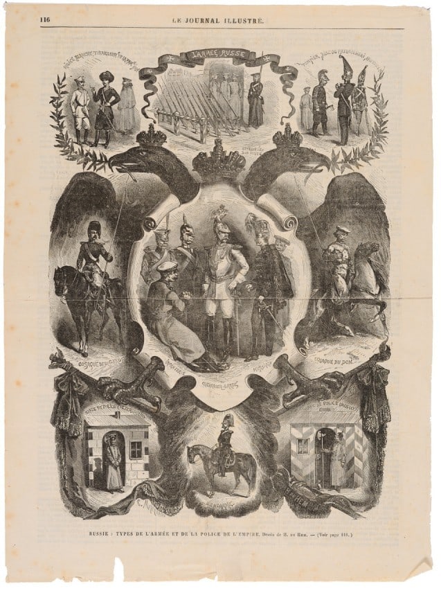 Large illustrated page from the famous french magazine "Le Journal Illustre": With in separate B&W cartridges different types of the army and police of the russian Empire, soldiers and state offi cials in uniform, region by region, all the scenes surrounding a large imperial do