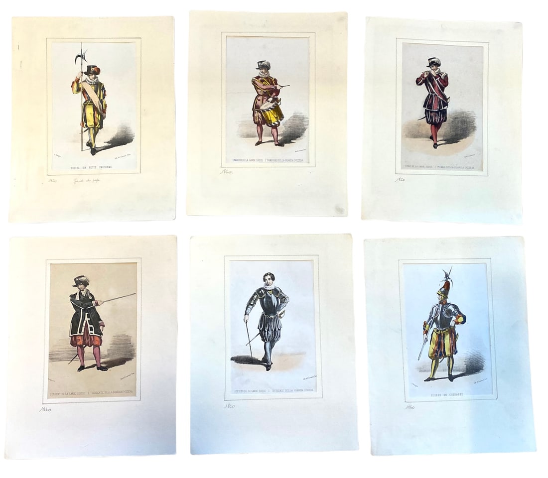 SET OF SIX LITHOGRAPHED ENGRAVINGS FORMERLY NUANCED IN WATERCOLOR, ABOUT THE SWISS GUARD: Drawings of Perugini, printing in Paris by Lavoisier. Period 1860, dimensions 20 x 13 cm to the view. Good condition.