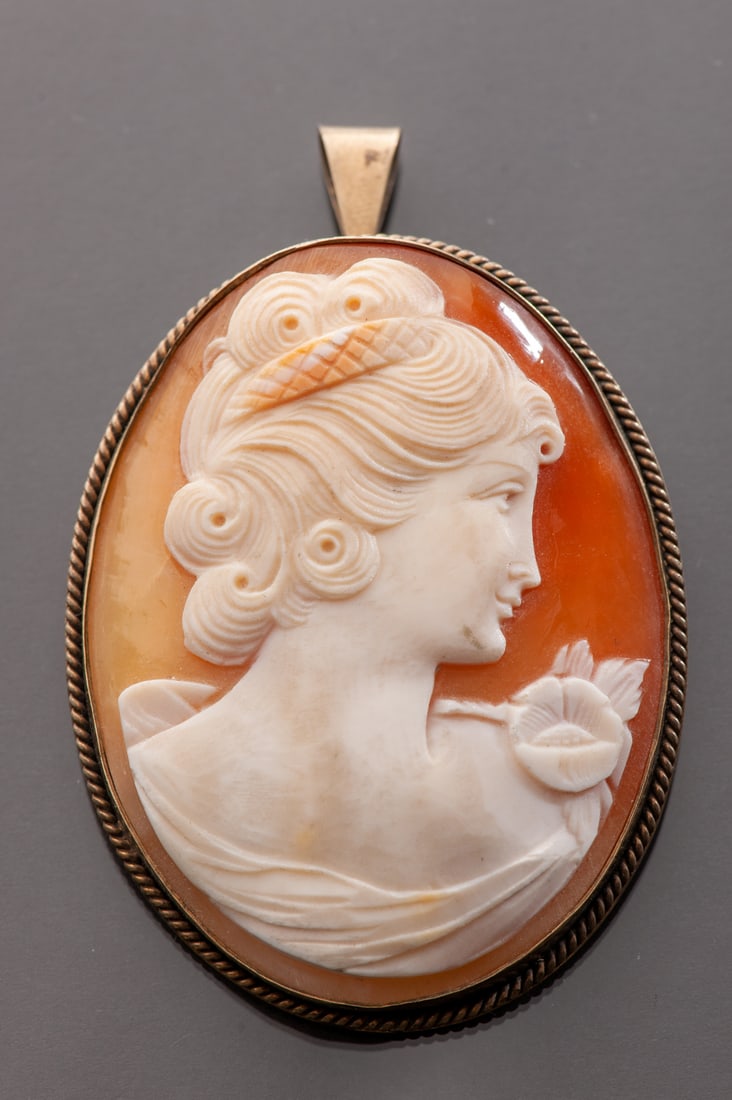 Shell cameo brooch in silver-gilt: Oval form, an elegant lady profile. Dimensions 53 x 42 mm, guarantee 800, stylized silversmith mark to identify. Work circa 1900, France or Belgium. Good condition