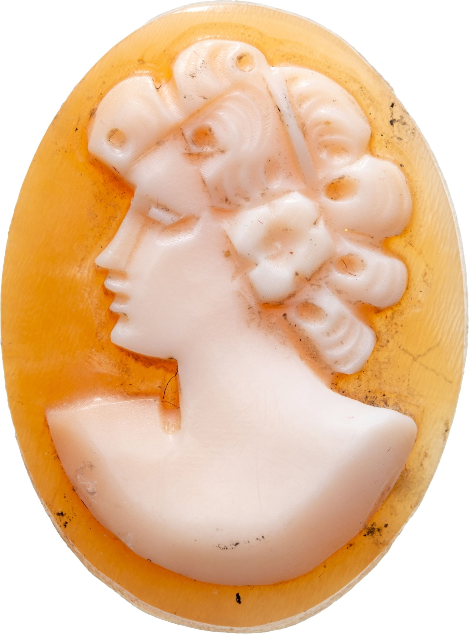 Two-Tone Cameo in Profile of a Woman: Small two-tone cameo in imitation of a shell cameo, oval model intended as a ring or medallion setting, profile of a woman in relief on composite material, European work from the mid-20th century.