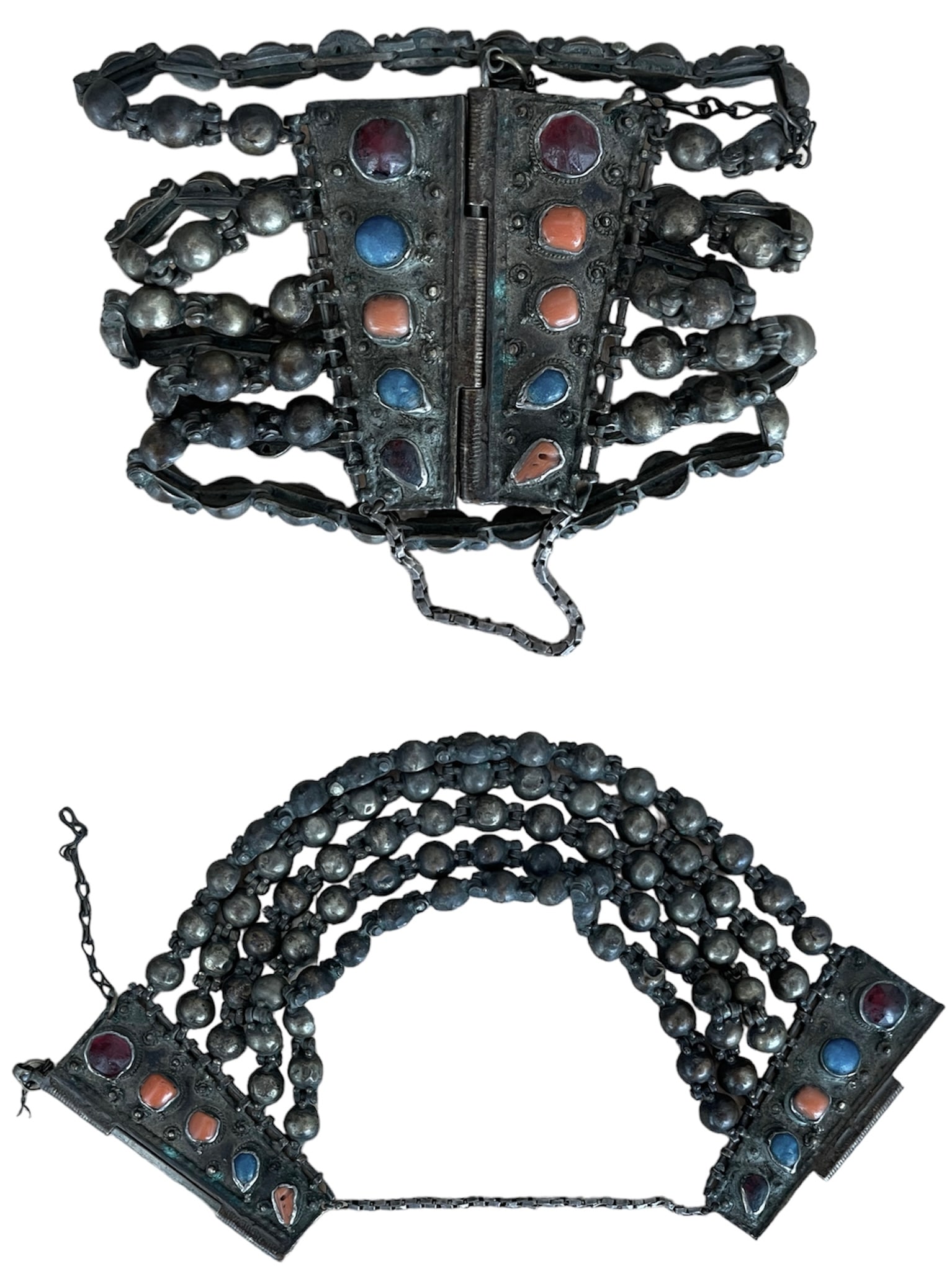 Oriental Ankle Bracelet: Beautiful old oriental ankle bracelet composed of five rows of articulated Silver bell beads, amounts decorated with colored stones, pull-rod clasp. Traditional 19th century work probably from North A