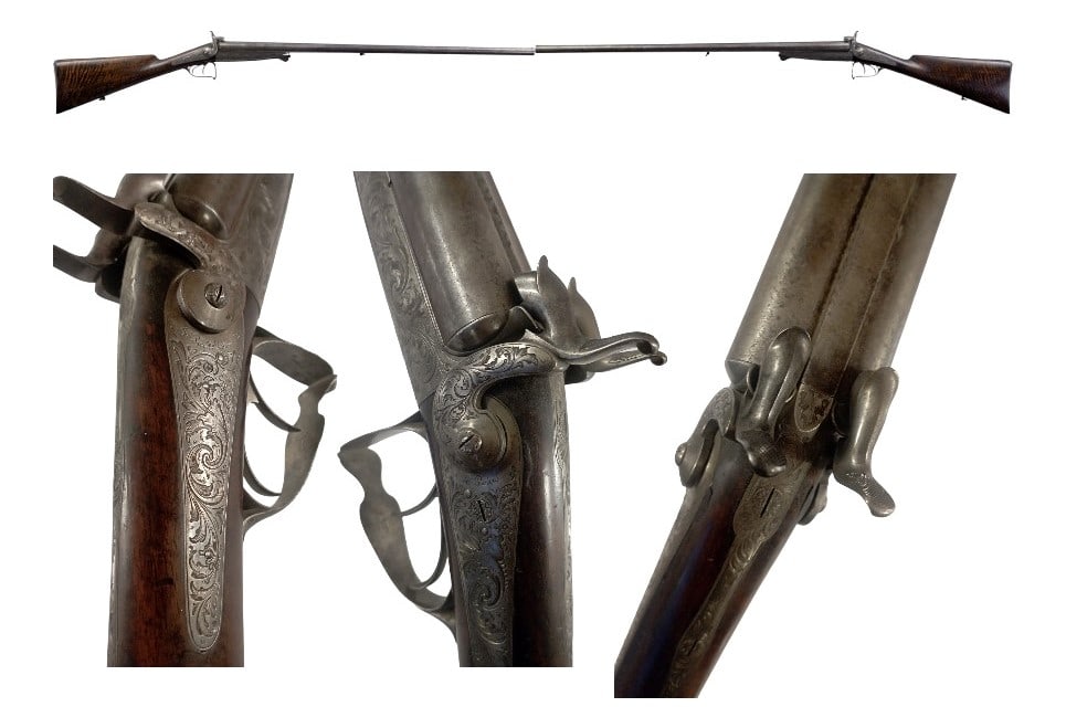 Hunting percussion Rifle with two barrel, 19th Century: Very beautifully crafted, France manufacture, polished walnut wood, elements of iron polished and hand engraved with floral motifs, top of the barrels is engraved: "CLAUDIU PARIS". Total length: 118