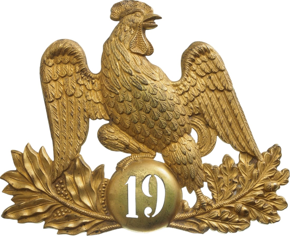 Officer's Shako "Plaque", 19th Infantry Regiment, 1837 Model, July Monarchy: Plaque, 148x124 mm., gilt Brass, French rooster on globe, screw on reverse. Superb condition! I
