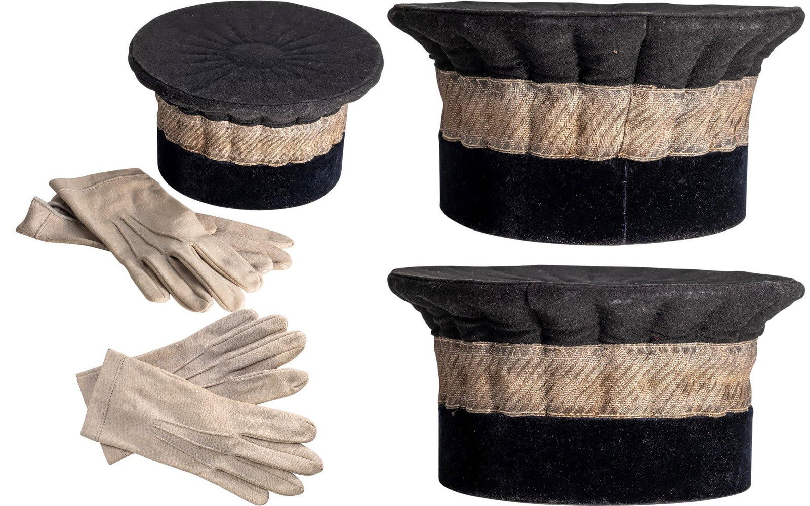 French Magistrate Judge's Headdress: Flat French magistrate judge's headdress known as "Mortier", composed of a two-part black fabric and velvet structure, separated by a finely embroidered frieze. Our 1930s period headdress is still in