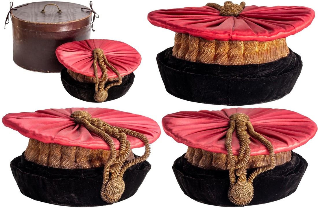 University Judge Headdress: Rare headdress of a Professor of Law and University Judge, red amaranth silk stretched over white canvas, flat and round base, decorated with matching star-shaped stitching. 19th century period