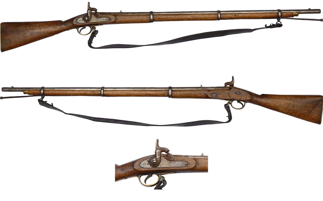 Percussion Infantry Gun made for the Indian Army: Round, smooth barrel with rear and forward sight, retained to the wooden full-stock with three iron bands, the stock, with brass fitting, crudely finished, cast brass trigger guard (typical of Indian