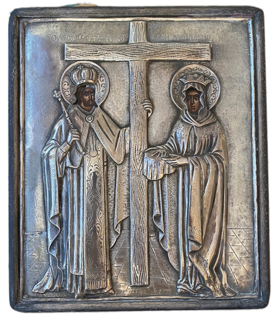 Polychrome Rectangular Icon on Panel: Polychrome rectangular icon on panel, faces painted visible under oklad in silver, representation in pageantry of the Emperor Constantine and Helena his mother holding the Latin cross discovered by th