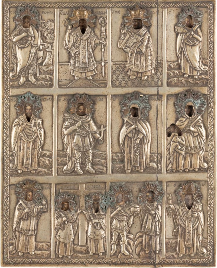Icon of Devotion: Greek style Icon of devotion, painting on wood under oklad in silver relief, representation in twelve boxes of saints, bishops and martyrs including Baptist, Gregory, Ilias (Elie), Cyrille, Maurice, E
