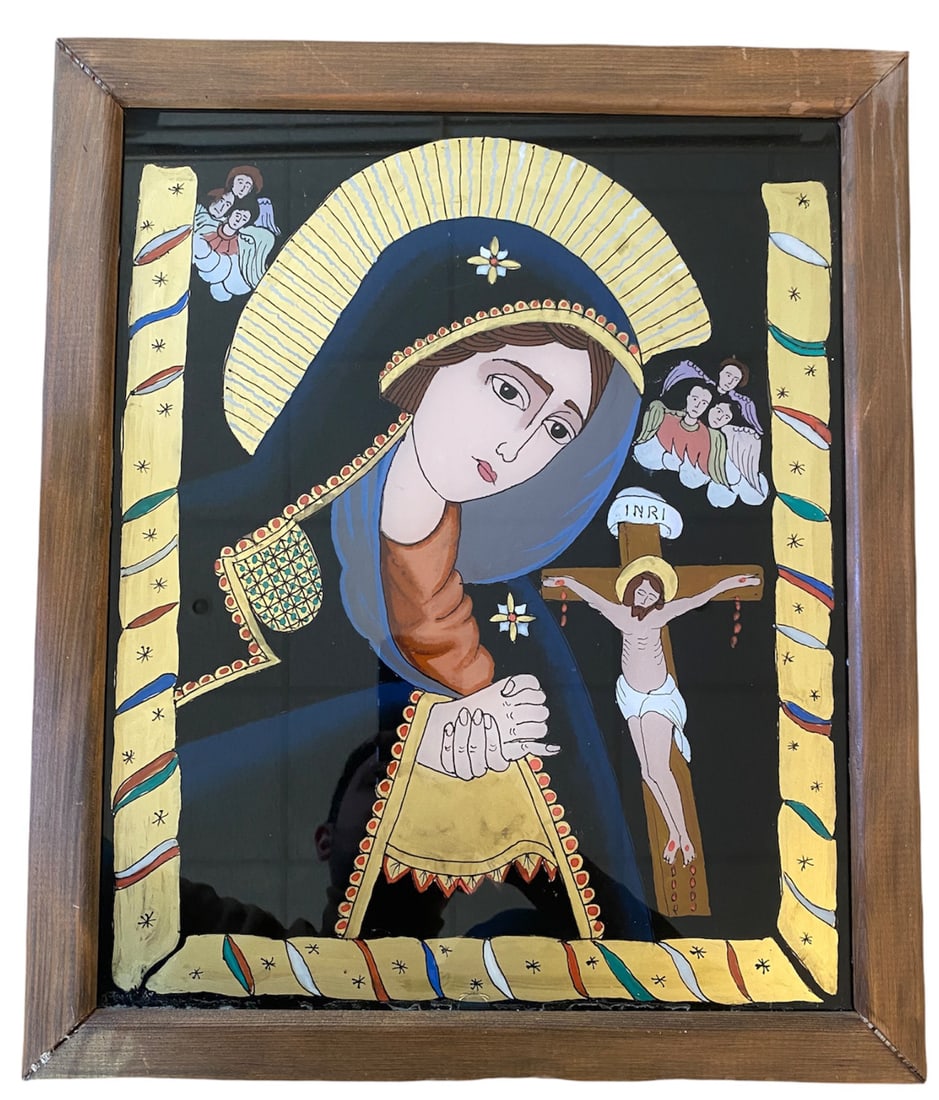 Polychrome glass painting about the Virgin Mary before Christ suffering on the cross (1 of 1)