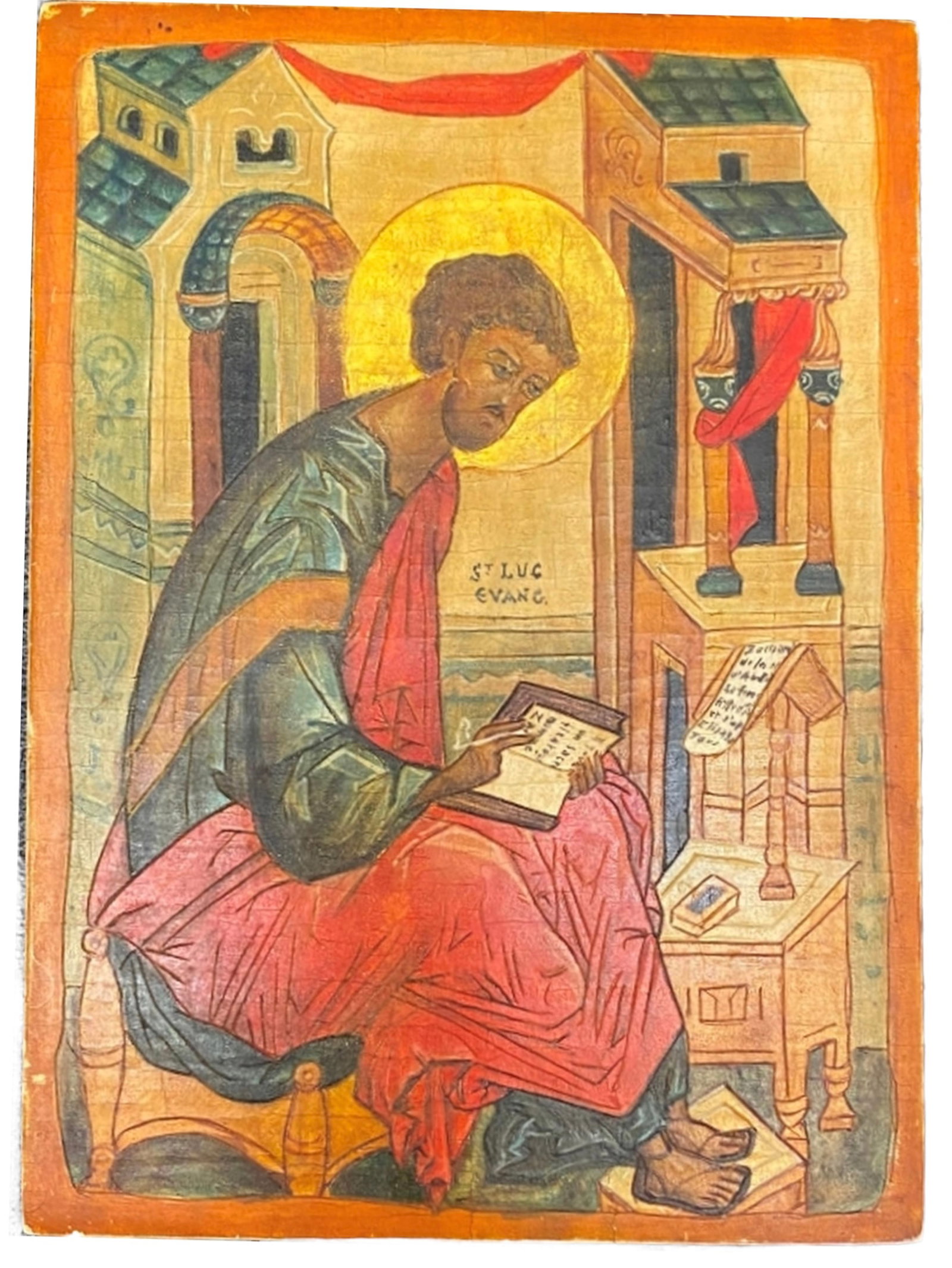 Icon of Saint Luke the Evangelist: Icon on wood panel - Saint Luke the Evangelist in an architectural decor (Temple of Jerusalem), traditional representation of the bishop martyred in his writings - Good condition, fresh colors. Work