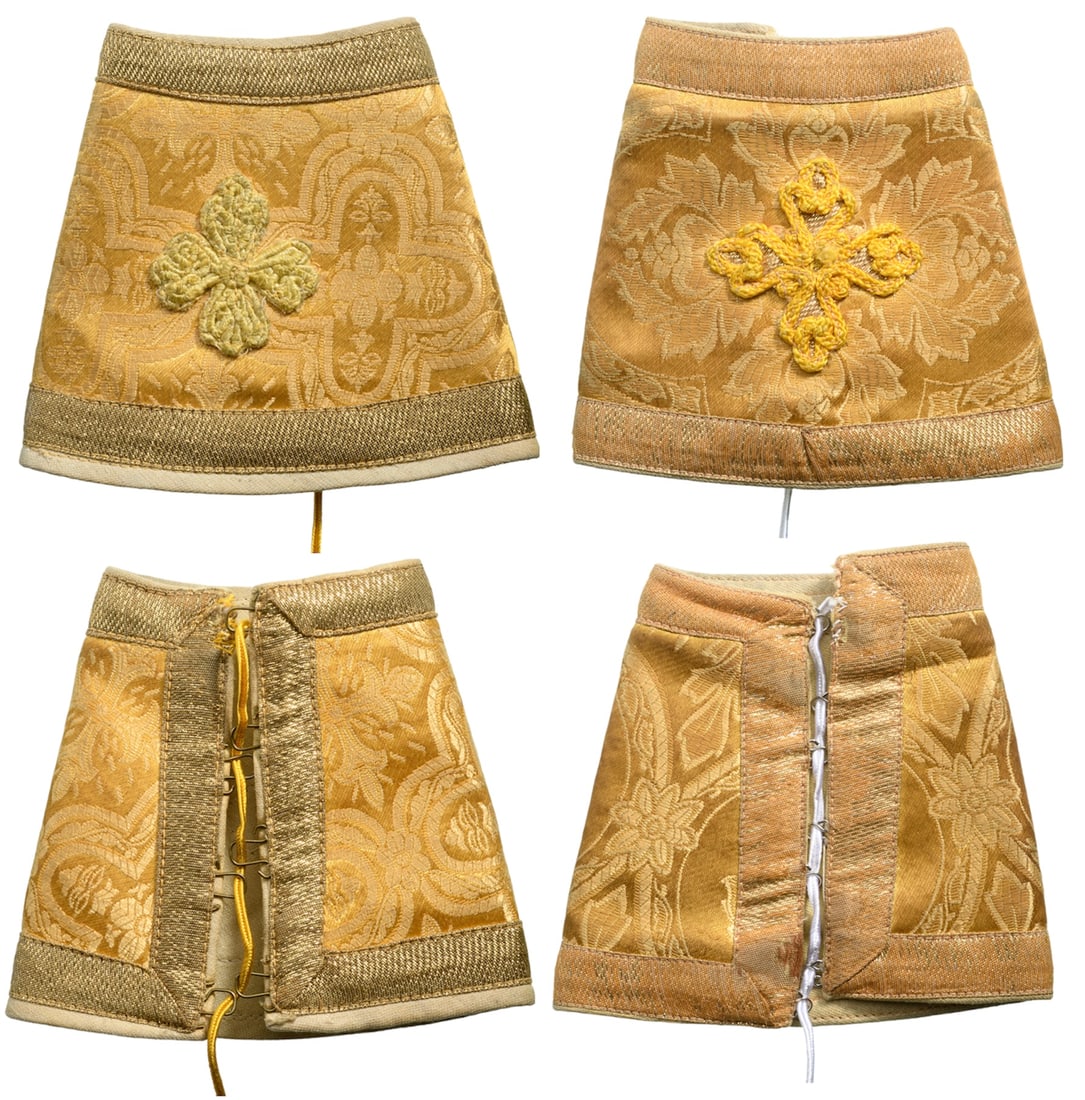 Pair of Orthodox Liturgical Fabric Cuffs (Epimanikia): Pair of Orthodox Liturgical fabric cuffs (Epimanikia) made out of golden-cloth embroidered with a gold thread design, crosses at the center. In very good condition.