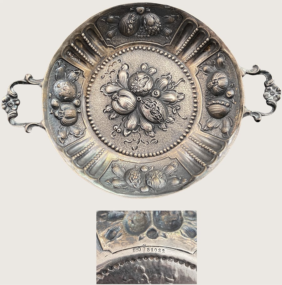 Silver fruit presentation cup: Very pretty silver fruit presentation cup, flat bottom model and two ornate handles, the en-tire body adorned with hollow and relief fruit patterns (figs in boxes separated by pearls). Work from the