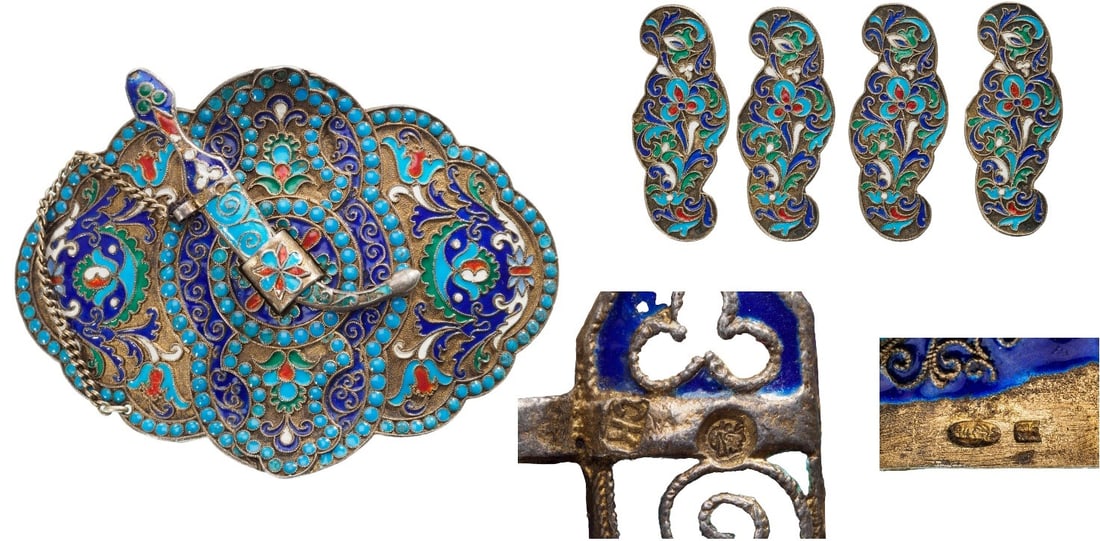 Ceremonial belt buckle: Ceremonial belt buckle (two sections) in enamelled silver and its four decorative side brooches, model with fastening slides on the reverse, large floral decoration with glazing beads and turquoise