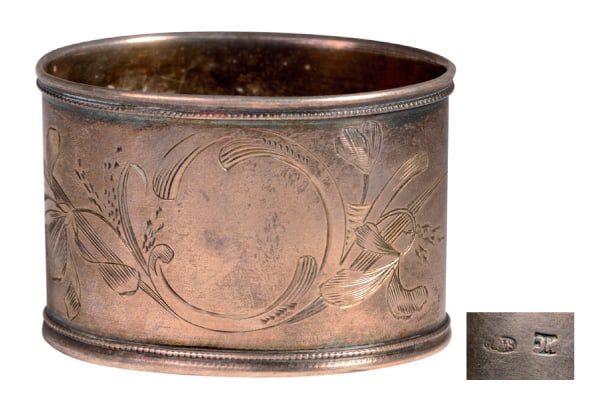 Oval napkin ring decorated by a floral motive: Decorated by a floral motive, weight 28 g, "84" standard guarantee, Moscow, kokoshnik, maybe essayer`s mark Ivan Lebedkin, silversmith (cyr.) Ivan Saltokov.