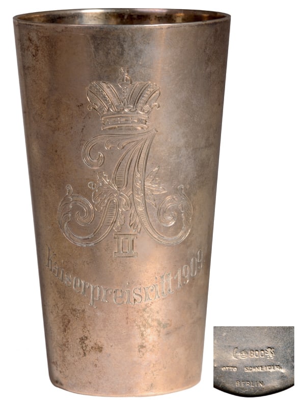 Silver tumbler, flat-bottomed trophee: Large initial "A" under crown for "Alexander", engraved inscription "Price of the emperor 1909" weight 88 g, 9.4 cm high, German work, "800" standard guarantee, Berlin, 1909 silversmith Otto