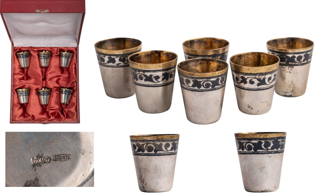Set of 6 Silver tumblers: Conical shape, Upper part of the body decorated with niello and gilt. Silver, hallmarked XK7 - 875, hammer and sickle. Height 39 mm. Soviet work of the second half of 20th century. Total weight 144