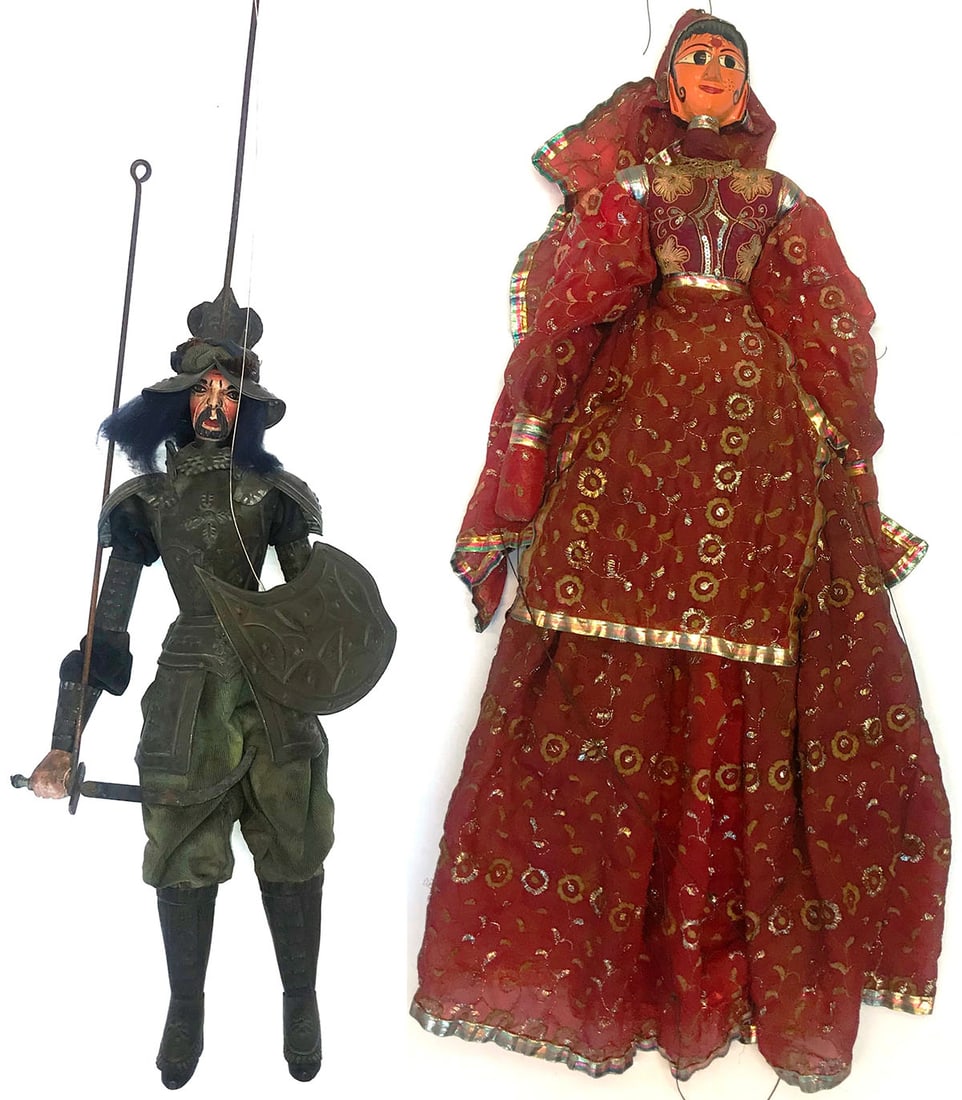 Lot of 2 large puppets of traditional theater: 1. A tall elegant woman (courtesan?) in red costume cloth on wooden frame,height 77 cm, Kathputli theater (India, origin of Rajasthan), 2 .A tall man dressed in military armor, cloth and metal,height 