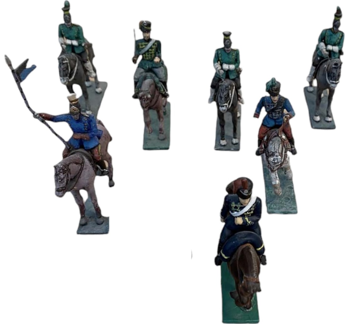 SET OF 7 LEAD FRENCH MOUNTED TOY SOLDIERS: Set of 7 lead French mounted toy soldiers. Good condition. Sold as is!