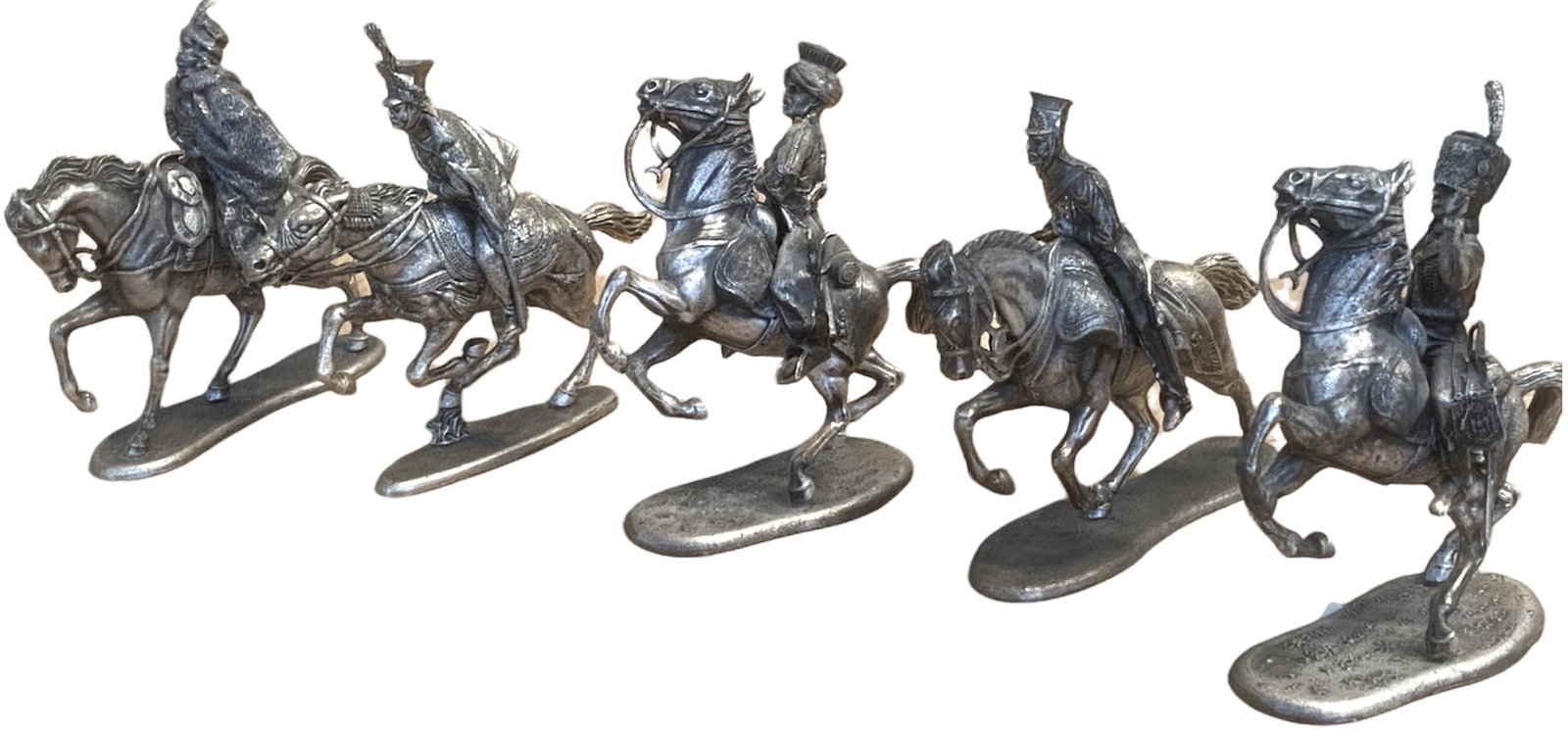 SET OF 5 FRENCH LEAD TOY SOLDIERS: Set of 5 Lead mounted soldiers. Maked "MHSP", unpainted. Very good condition.