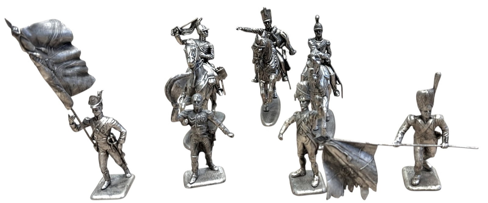 NAPOLEON AND SOLDIERS SET OF 7 FRENCH LEAD TOY SOLDIERS: Set of 7 Lead mounted and non mounted soldiers. Maked "MHSP", unpainted. Very good condition.